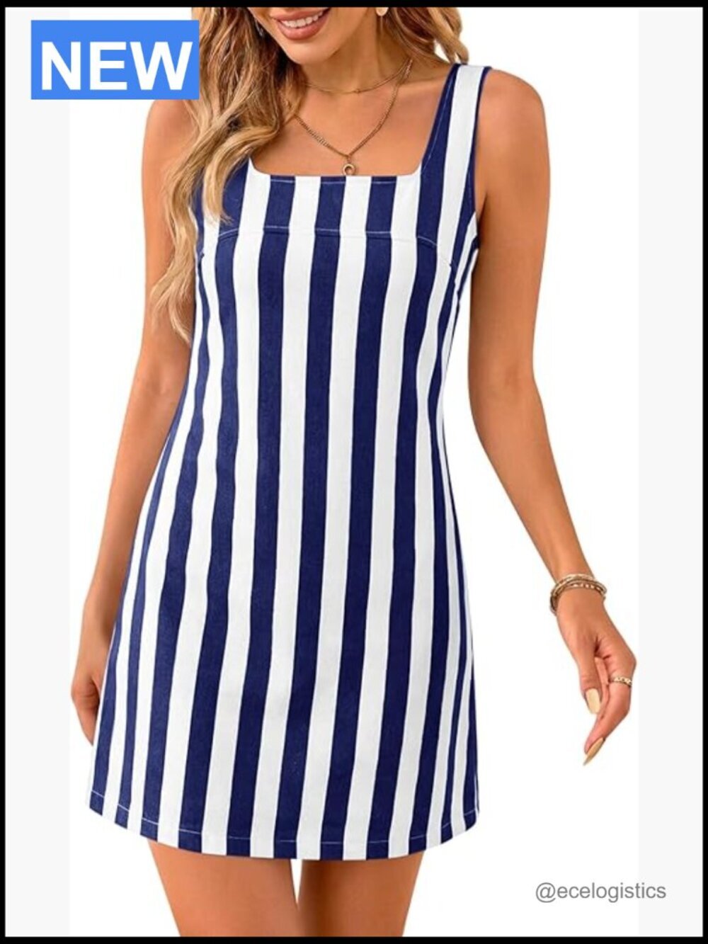 Striped Denim Mini Sundress Square Neck Sleeveless Summer Beach Dress